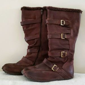 ALDO - Kayla Tall Flat Brown Leather Boots with Straps & Buckles Full Si…